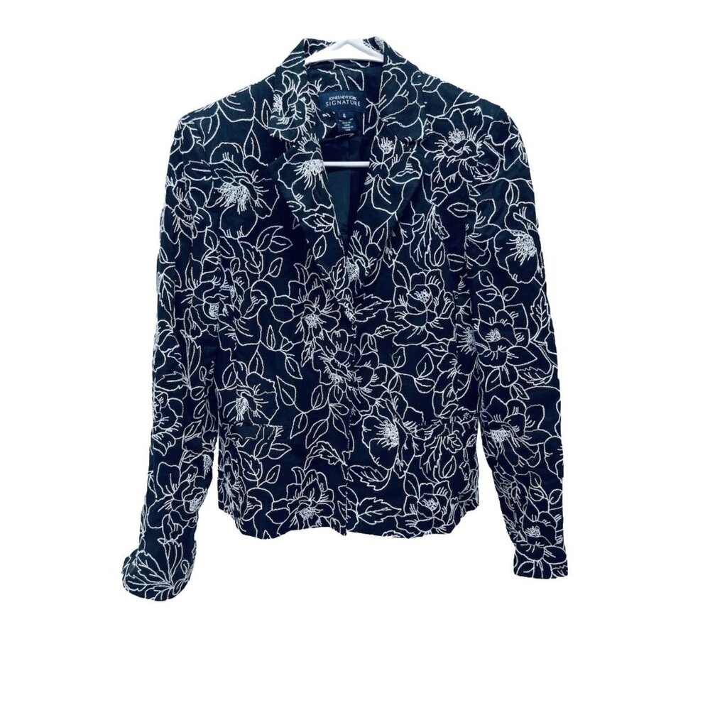 Jones New York Signature Linen Women’s Embroidered Blazer Floral Black Size 4